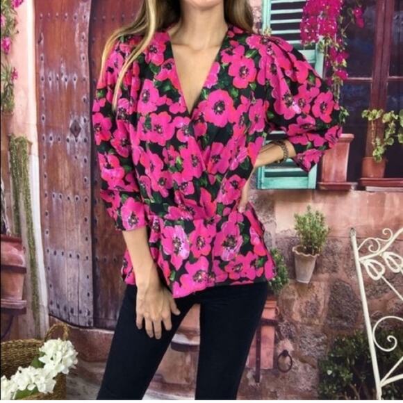 Zara Pink Floral Voluminous Printed Blouse Size Medium - Picture 3 of 8
